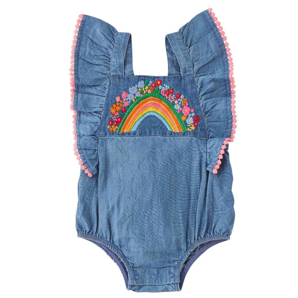 Mud Pie Rainbow Chambray Embroidered Bubble Romper Floral Bright Colors 3-6m